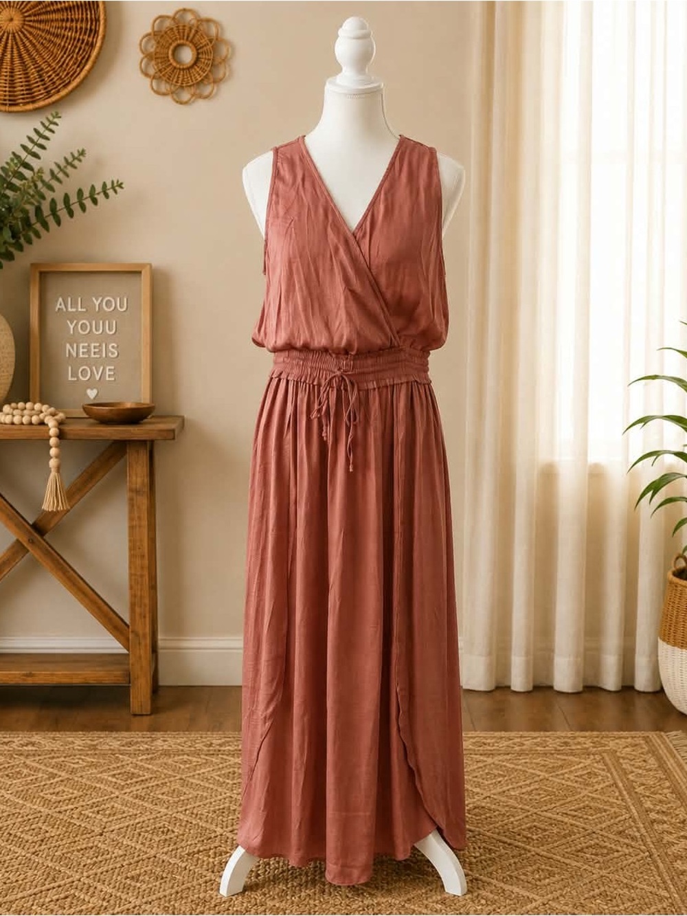 Smocked Waist V-Neck Maxi Dress in Rust